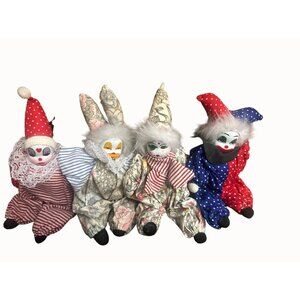 Vintage Clown &‎ Rabbit Doll Set Handmade Fabric Porcelain Faces sand filled vtg